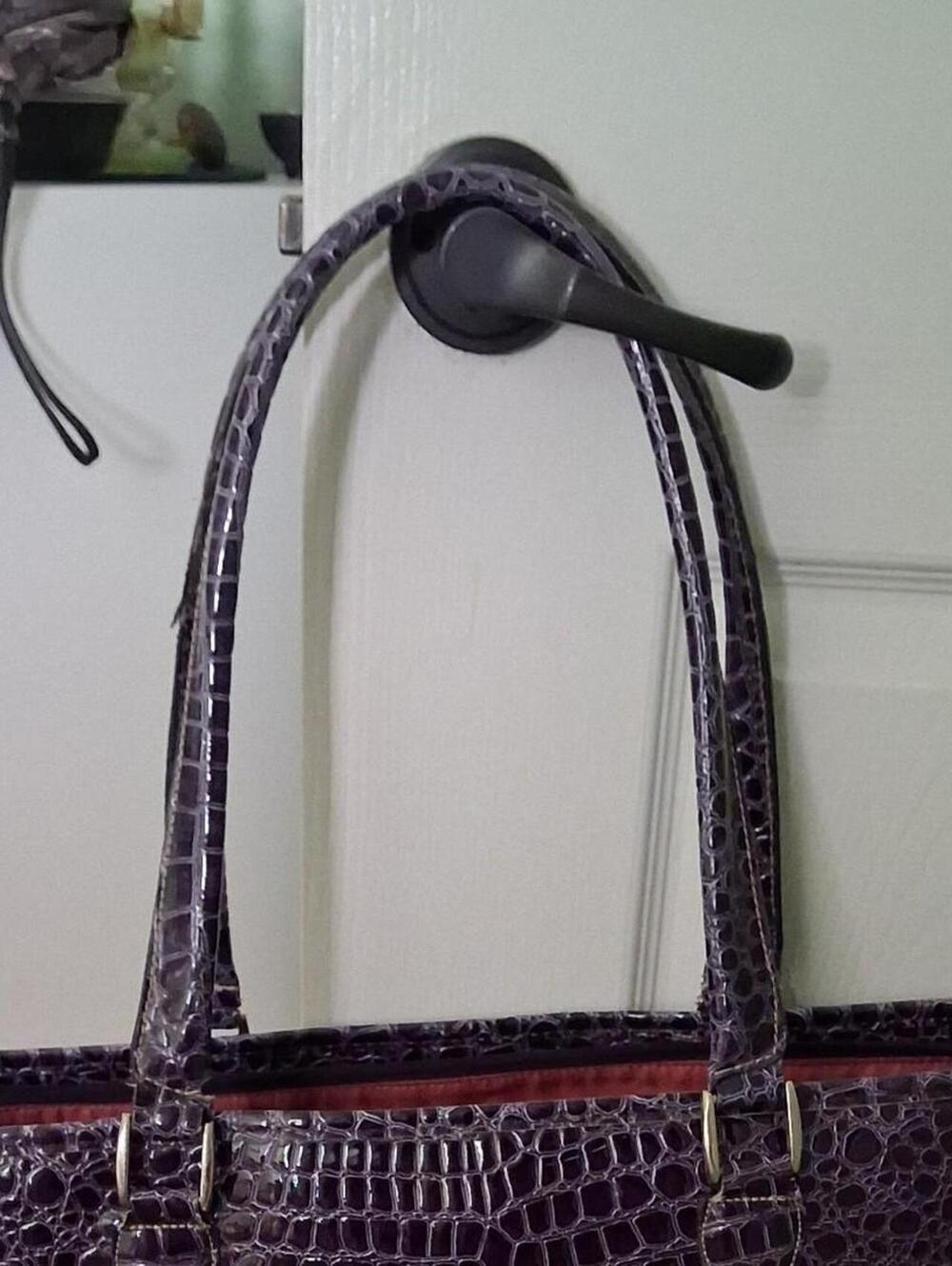 Kathy Van Zeeland Purple Crocodile Embossed Leather Tote Bag
